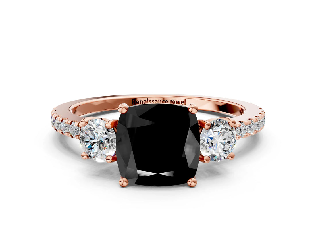 Rose gold Three-Stone Fancy Black Cushion Cut Cut Diamond Pavé Band with Prong Setting_15