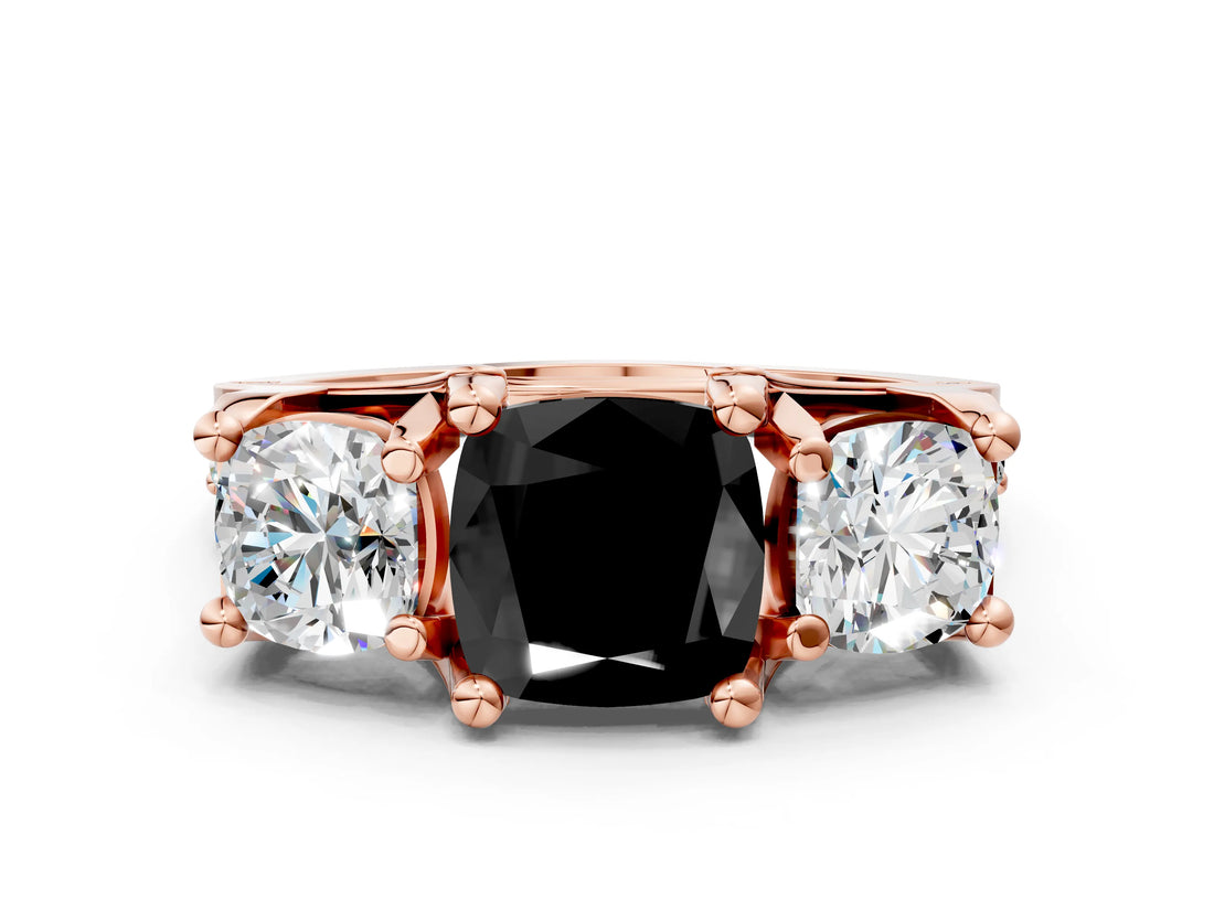 Rose gold Three-Stone Fancy Black Cushion Cut Cut Diamond Ring with Channel-Set Band and Four-Prong Setting_12
