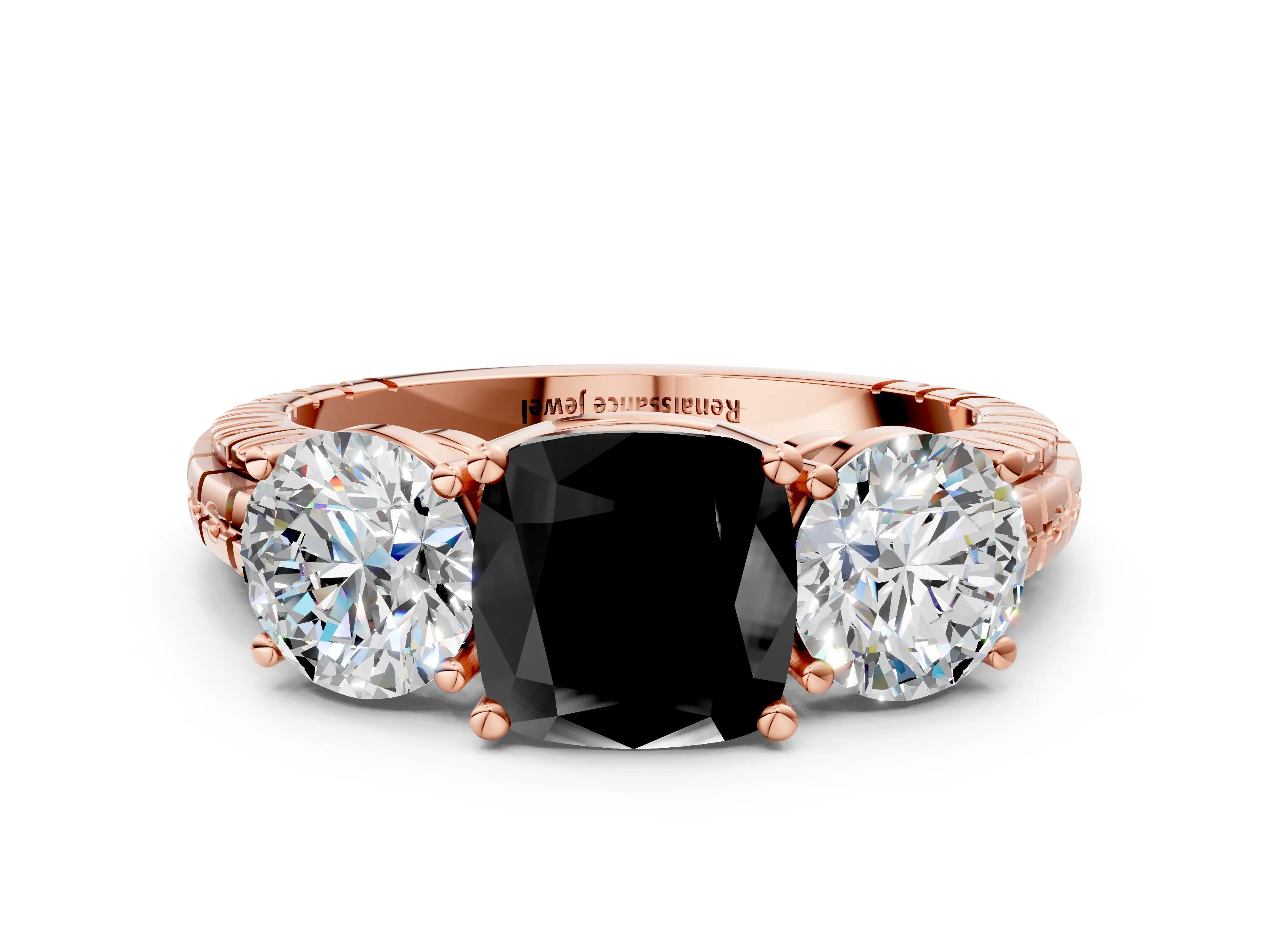 Rose gold Three-Stone Fancy Black Cushion Cut Cut Diamond Ring with Channel-Set Band and Prong Setting_12