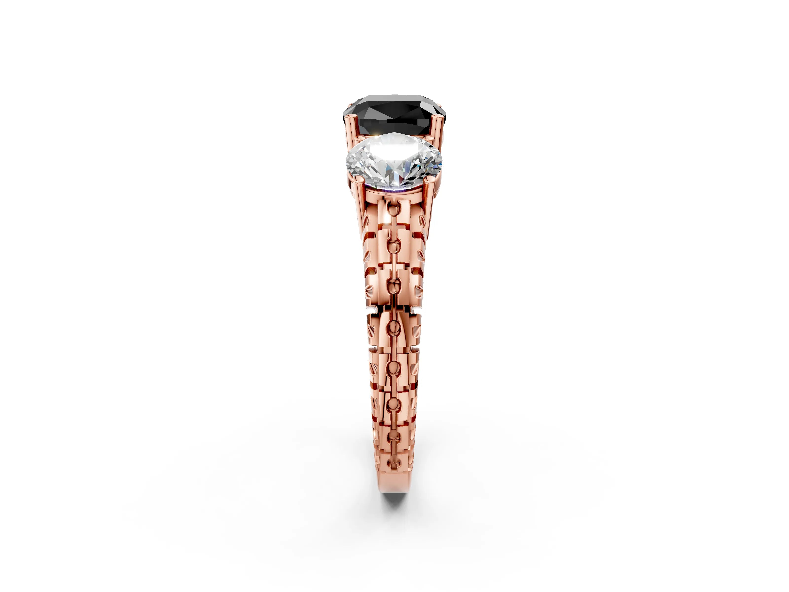 Rose gold Three-Stone Fancy Black Cushion Cut Cut Diamond Ring with Channel-Set Band and Prong Setting_14
