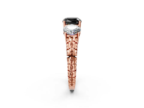 Rose gold Three-Stone Fancy Black Cushion Cut Cut Diamond Ring with Channel-Set Band and Prong Setting_14