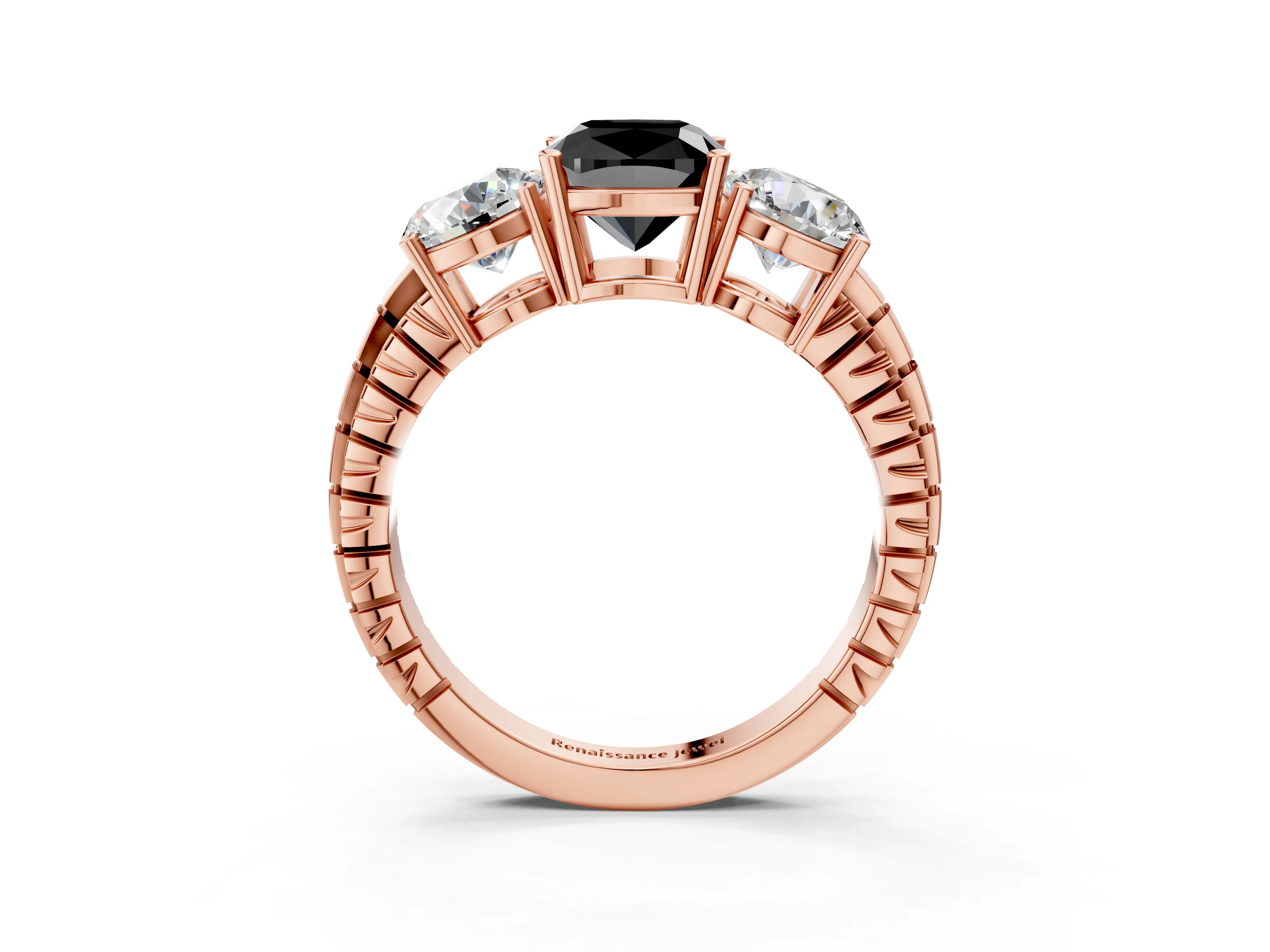 Rose gold Three-Stone Fancy Black Cushion Cut Cut Diamond Ring with Channel-Set Band and Prong Setting_15