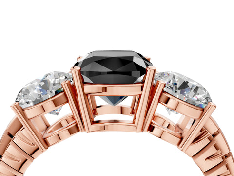 Rose gold Three-Stone Fancy Black Cushion Cut Cut Diamond Ring with Channel-Set Band and Prong Setting_16
