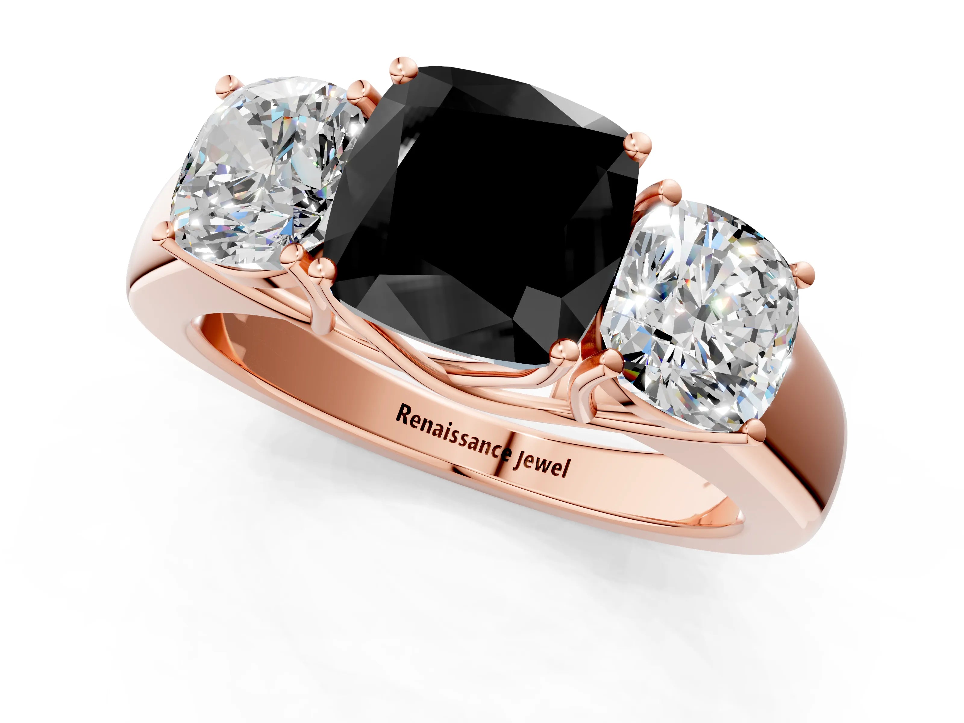 Rose gold Three-Stone Fancy Black Cushion Cut Cut Diamond Ring with Prong Setting and Classic Band_1