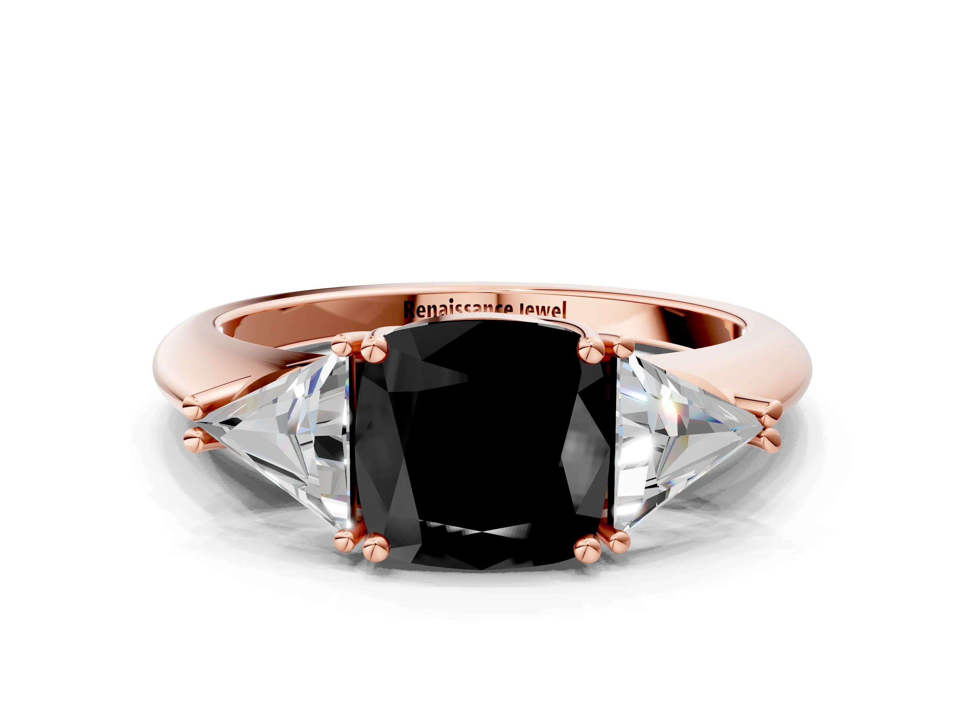 Rose gold Three-Stone Fancy Black Cushion Cut Cut Diamond Ring with Trillion Side Stones and Four-Prong Setting_3