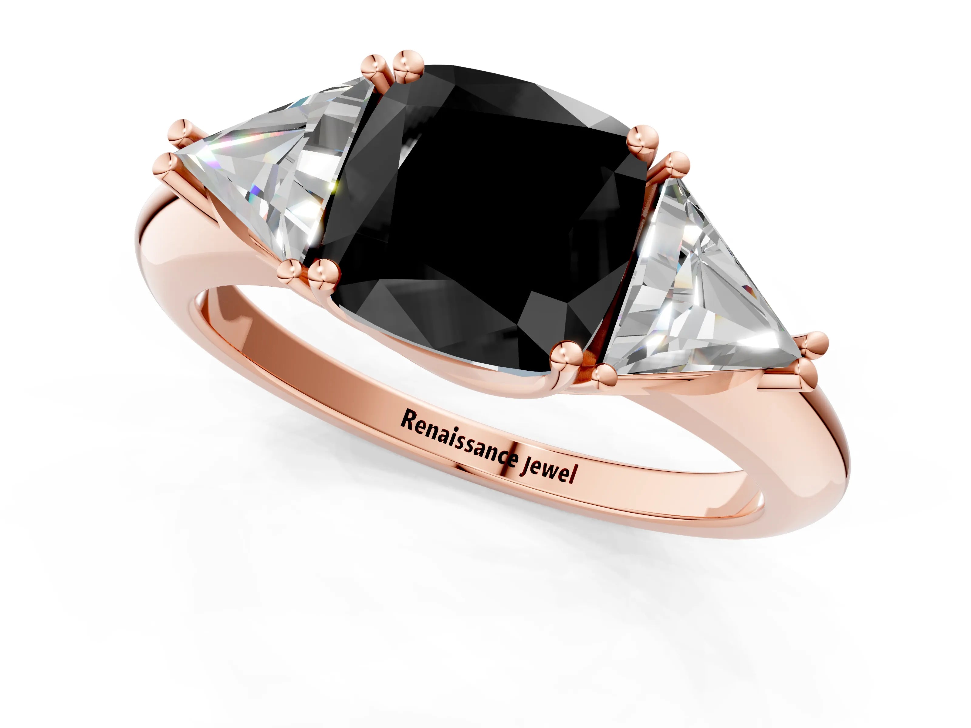 Rose gold Three-Stone Fancy Black Cushion Cut Cut Diamond Ring with Trillion Side Stones and Four-Prong Setting_4