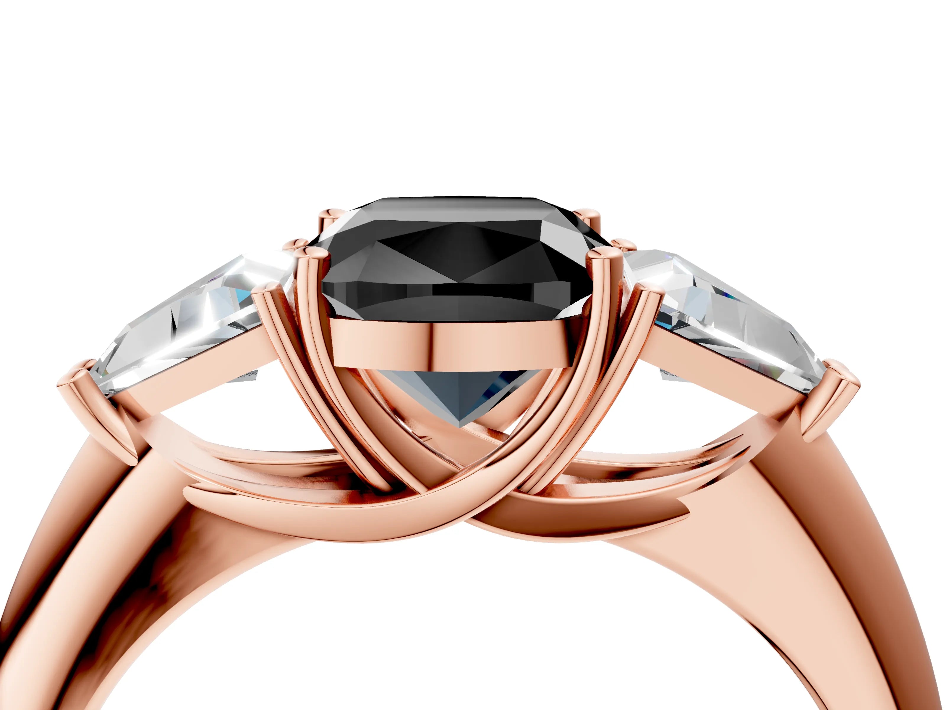 Rose gold Three-Stone Fancy Black Cushion Cut Cut Diamond Ring with Trillion Side Stones and Four-Prong Setting_7