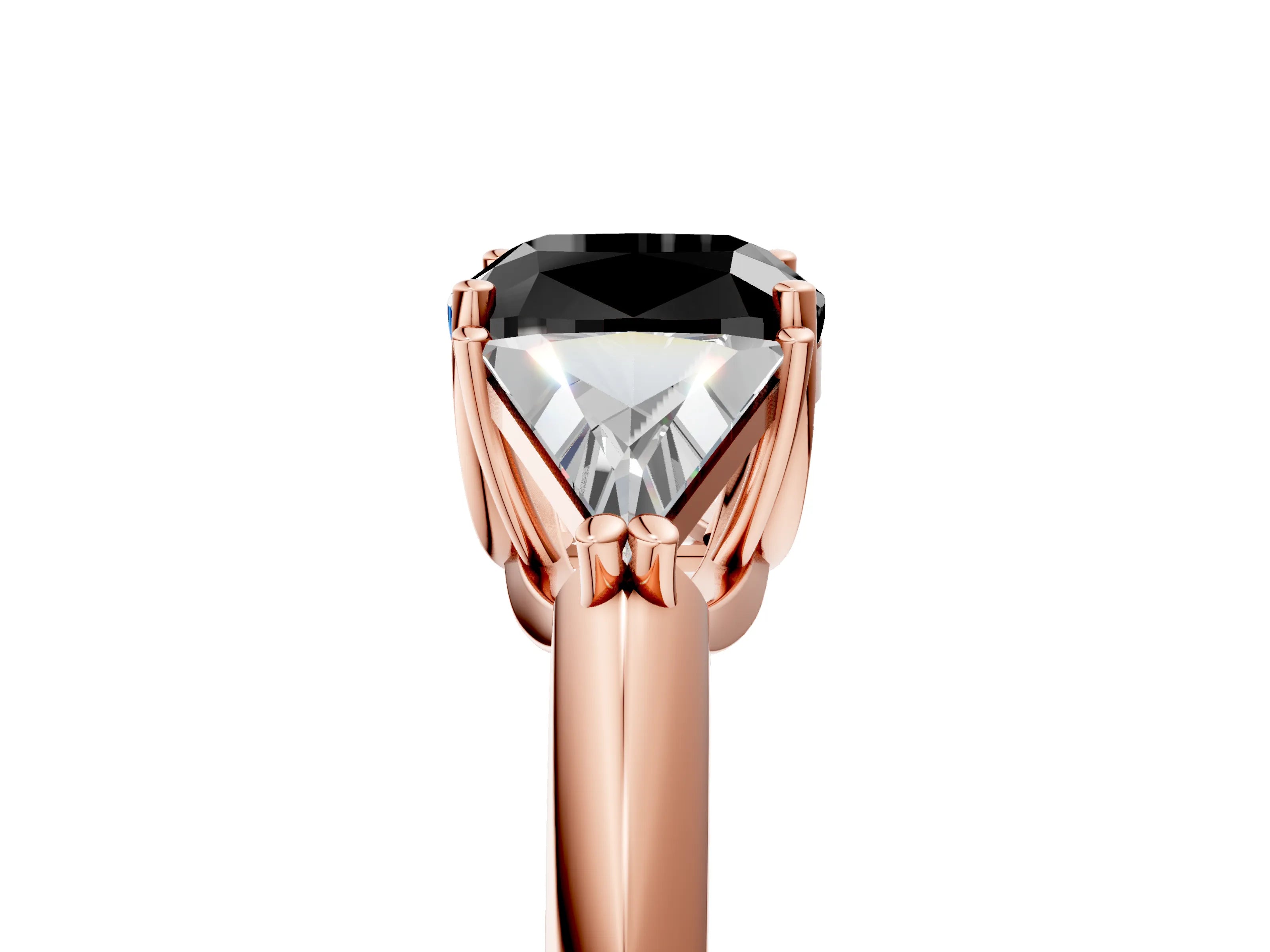 Rose gold Three-Stone Fancy Black Cushion Cut Cut Diamond Ring with Trillion Side Stones and Four-Prong Setting_8