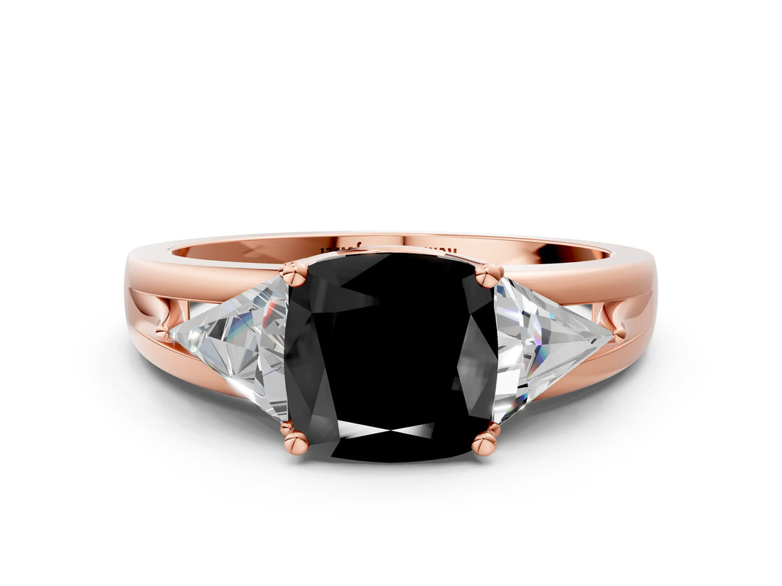 Rose gold Three-Stone Fancy Black Cushion Cut Cut Diamond Ring with Trillion Side Stones on a Split Shank Band