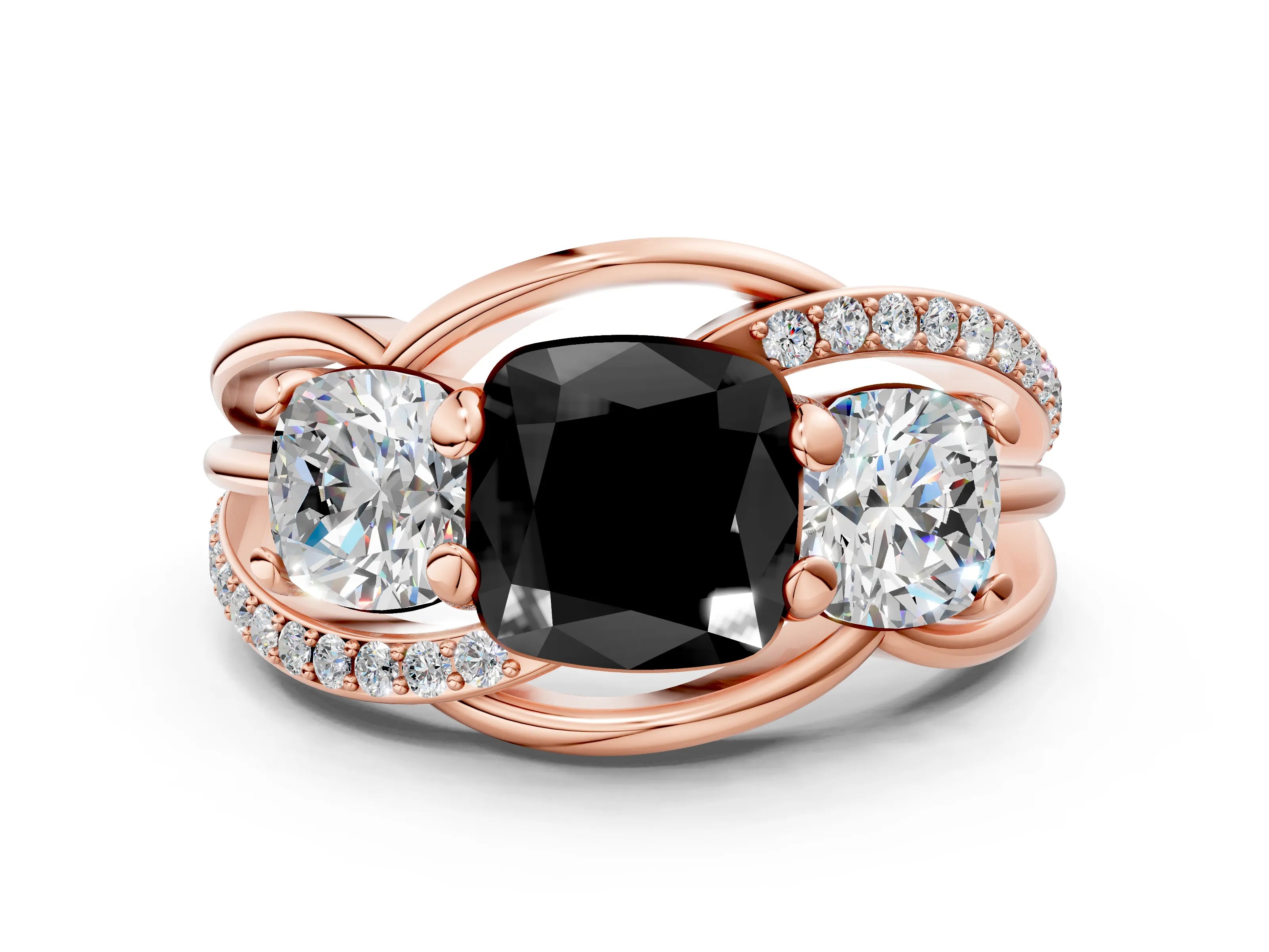 Rose gold Three-Stone Fancy Black Cushion Cut Cut Diamond Split Shank Prong Set Ring