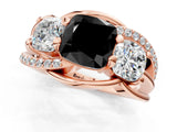 Rose gold Three-Stone Fancy Black Cushion Cut Cut Diamond Split Shank Prong Set Ring_1