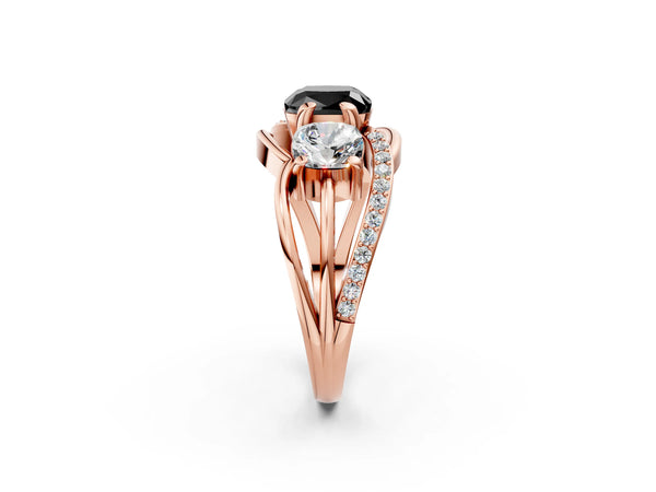 Rose Gold Cushion Cut Three Stone Split Shank Engagement Ring Setting for Black Center