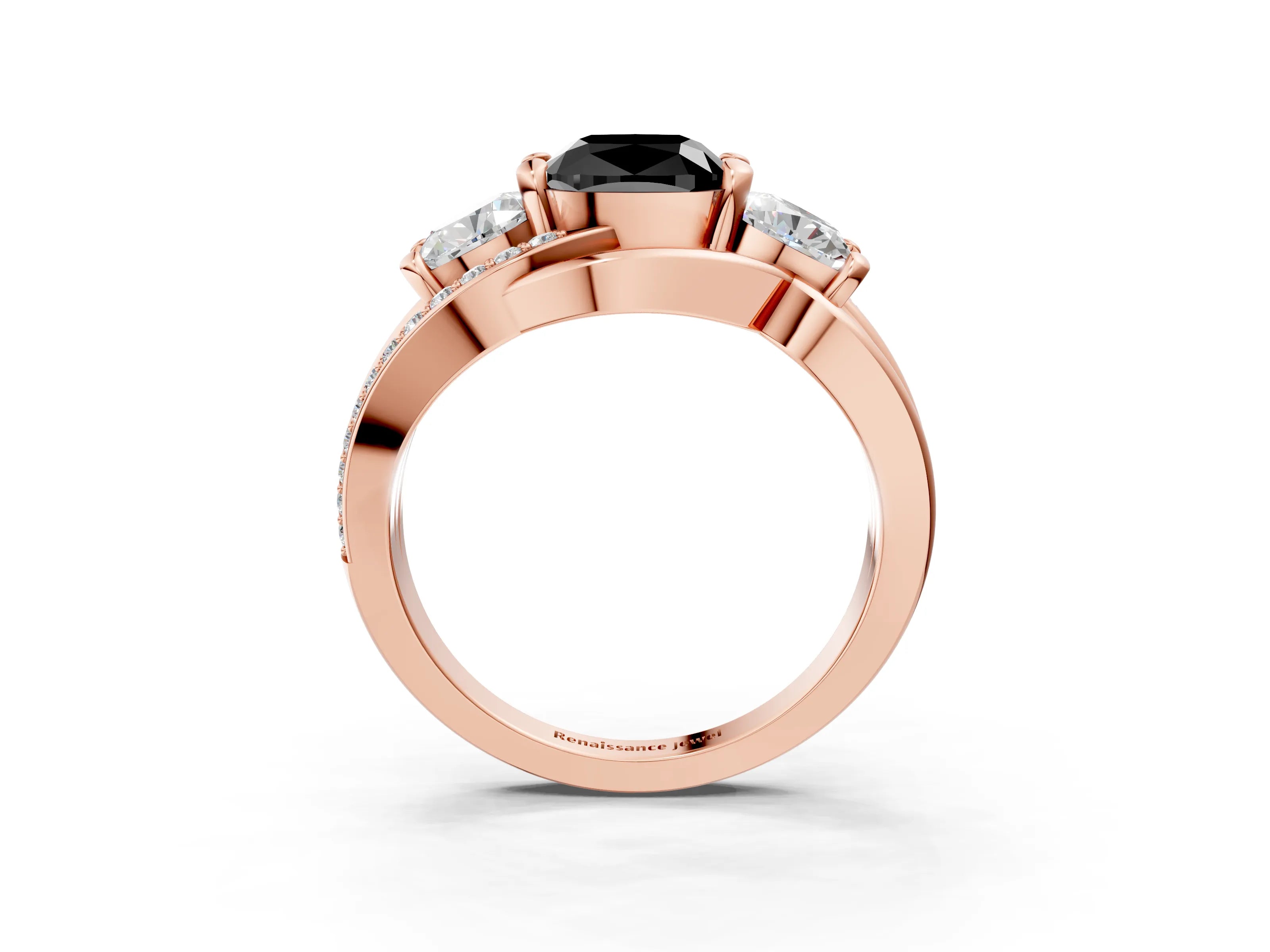 Rose gold Three-Stone Fancy Black Cushion Cut Cut Diamond Split Shank Prong Set Ring_3