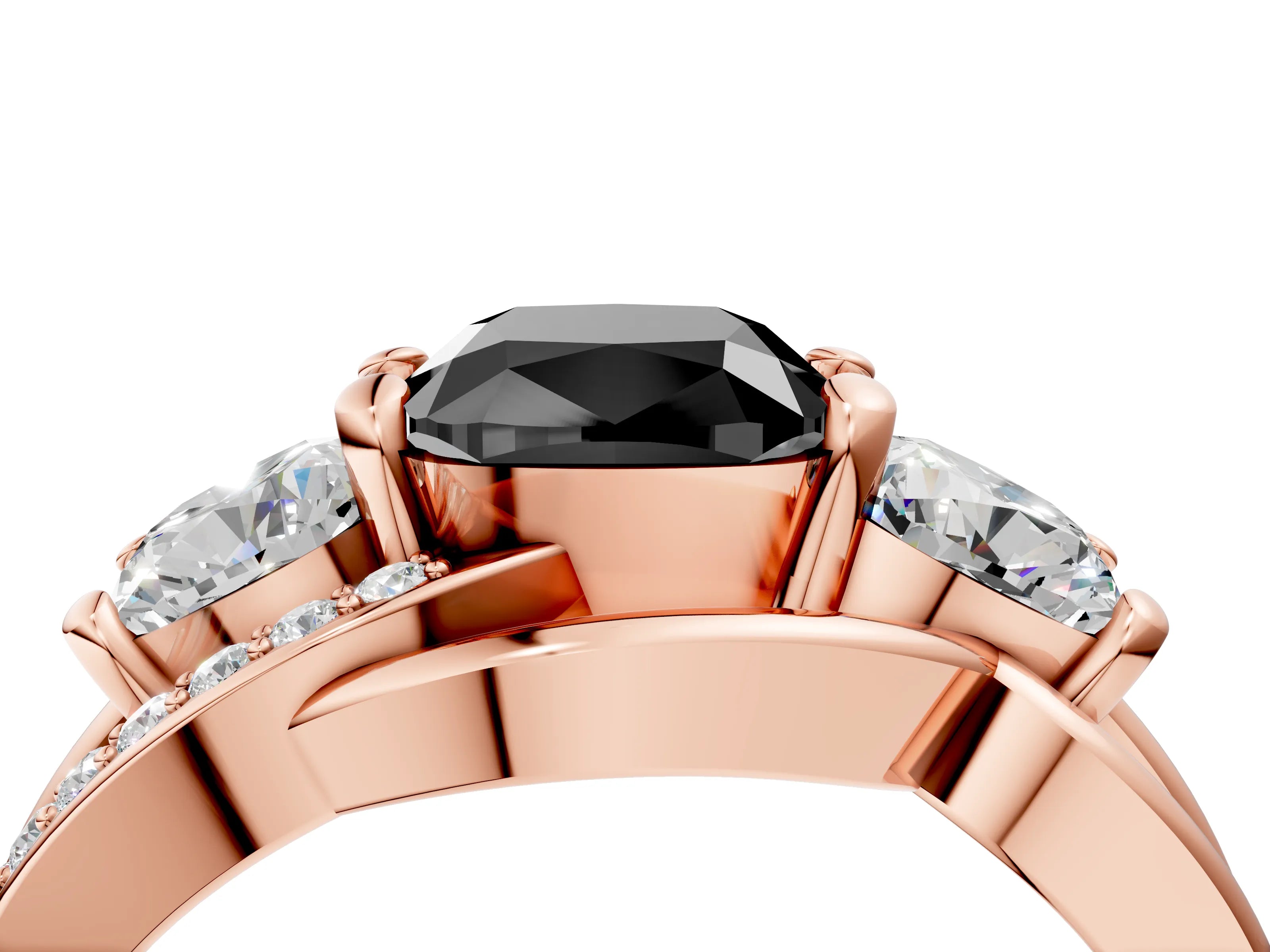 Rose gold Three-Stone Fancy Black Cushion Cut Cut Diamond Split Shank Prong Set Ring_4