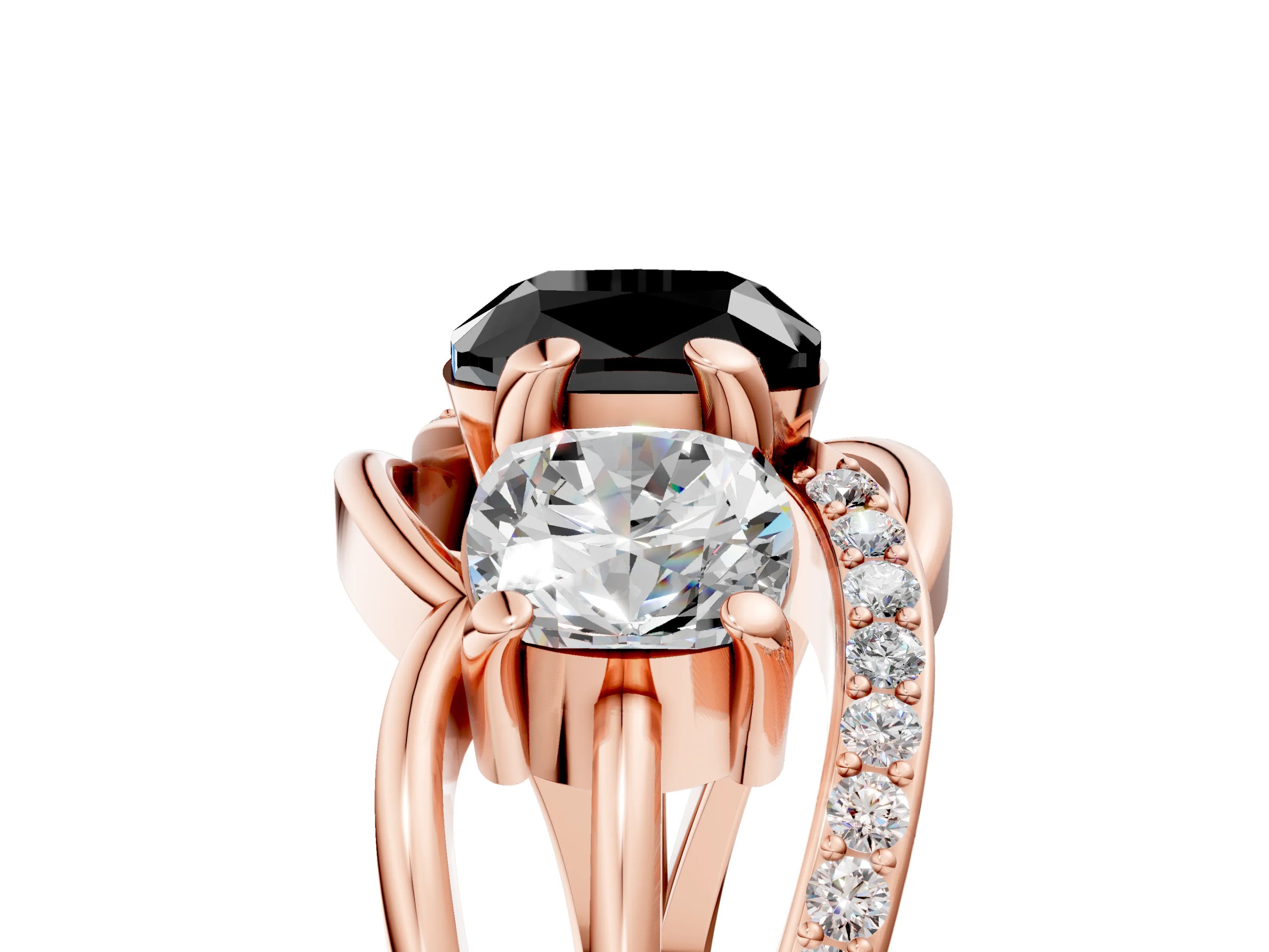 Rose gold Three-Stone Fancy Black Cushion Cut Cut Diamond Split Shank Prong Set Ring_5