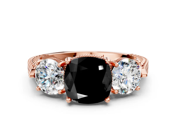 Rose Gold Cushion Cut Vintage Three Stone Engagement Ring Setting for Black Center