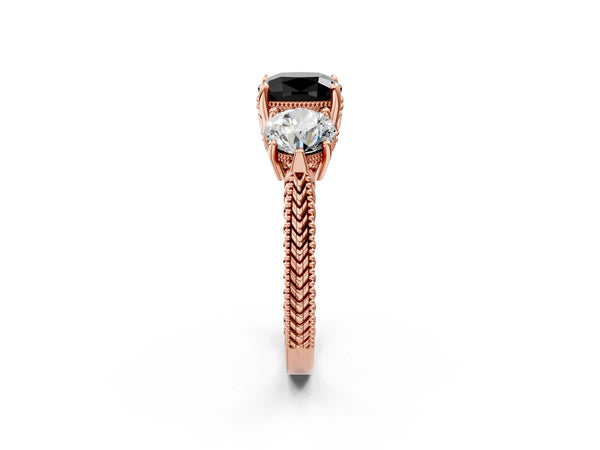 Rose Gold Cushion Cut Vintage Three Stone Engagement Ring Setting for Black Center