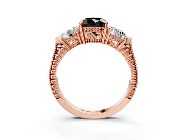 Rose Gold Cushion Cut Vintage Three Stone Engagement Ring Setting for Black Center