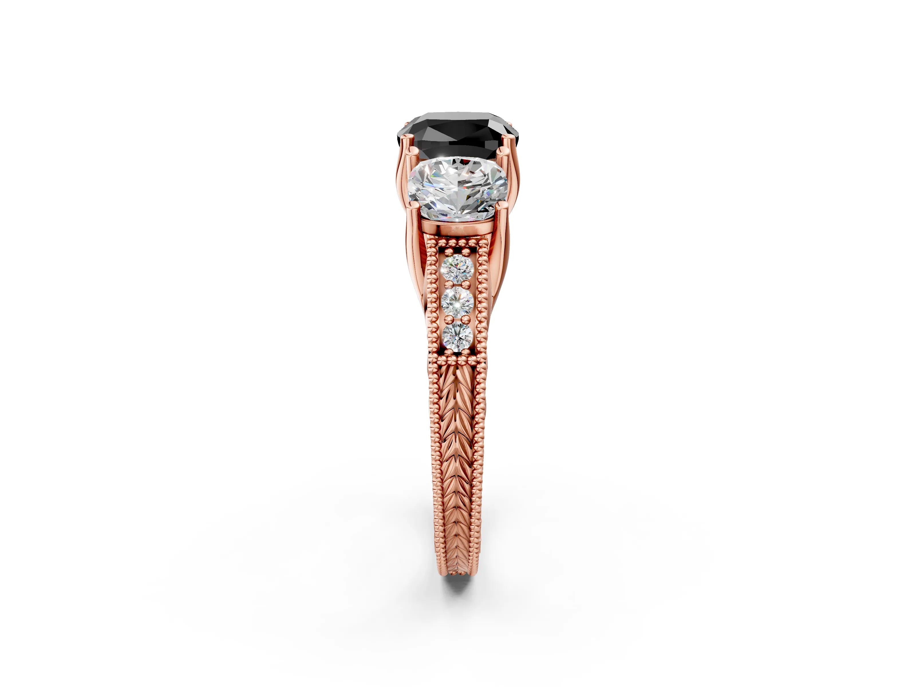Rose gold Three-Stone Fancy Black Cushion Cut Cut Milgrain Pavé Engagement Ring_2