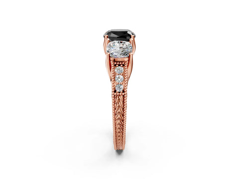 Rose gold Three-Stone Fancy Black Cushion Cut Cut Milgrain Pavé Engagement Ring_2