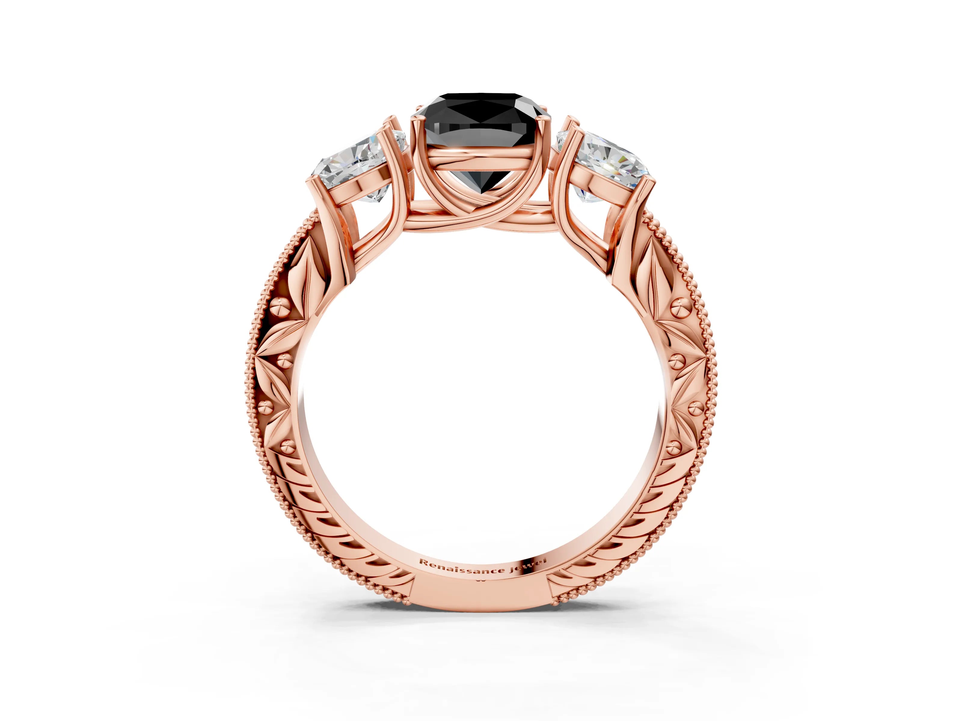 Rose gold Three-Stone Fancy Black Cushion Cut Cut Milgrain Pavé Engagement Ring_3