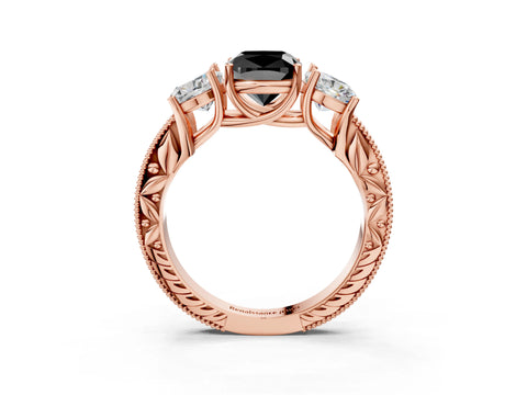 Rose gold Three-Stone Fancy Black Cushion Cut Cut Milgrain Pavé Engagement Ring_3