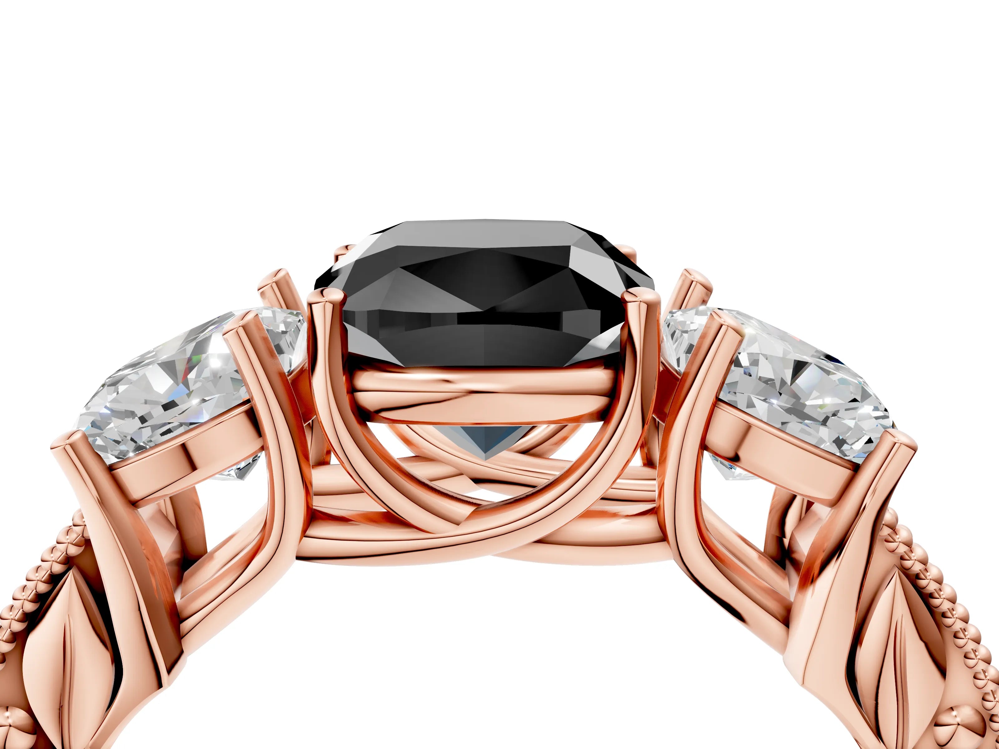 Rose gold Three-Stone Fancy Black Cushion Cut Cut Milgrain Pavé Engagement Ring_4
