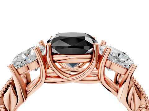 Rose gold Three-Stone Fancy Black Cushion Cut Cut Milgrain Pavé Engagement Ring_4