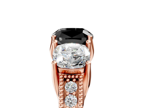 Rose gold Three-Stone Fancy Black Cushion Cut Cut Milgrain Pavé Engagement Ring_5