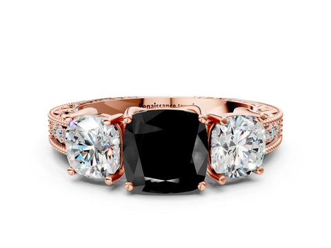Rose gold Three-Stone Fancy Black Cushion Cut Cut Milgrain Pavé Engagement Ring