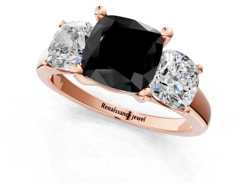 Rose gold Three-Stone Fancy Black Cushion Cut Cut Solitaire Ring with Classic Prong Setting_1