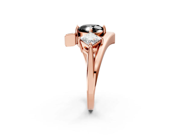 Rose gold Three-Stone Fancy Black Cushion Cut Cut Tension Band Ring with Four-Prong Setting