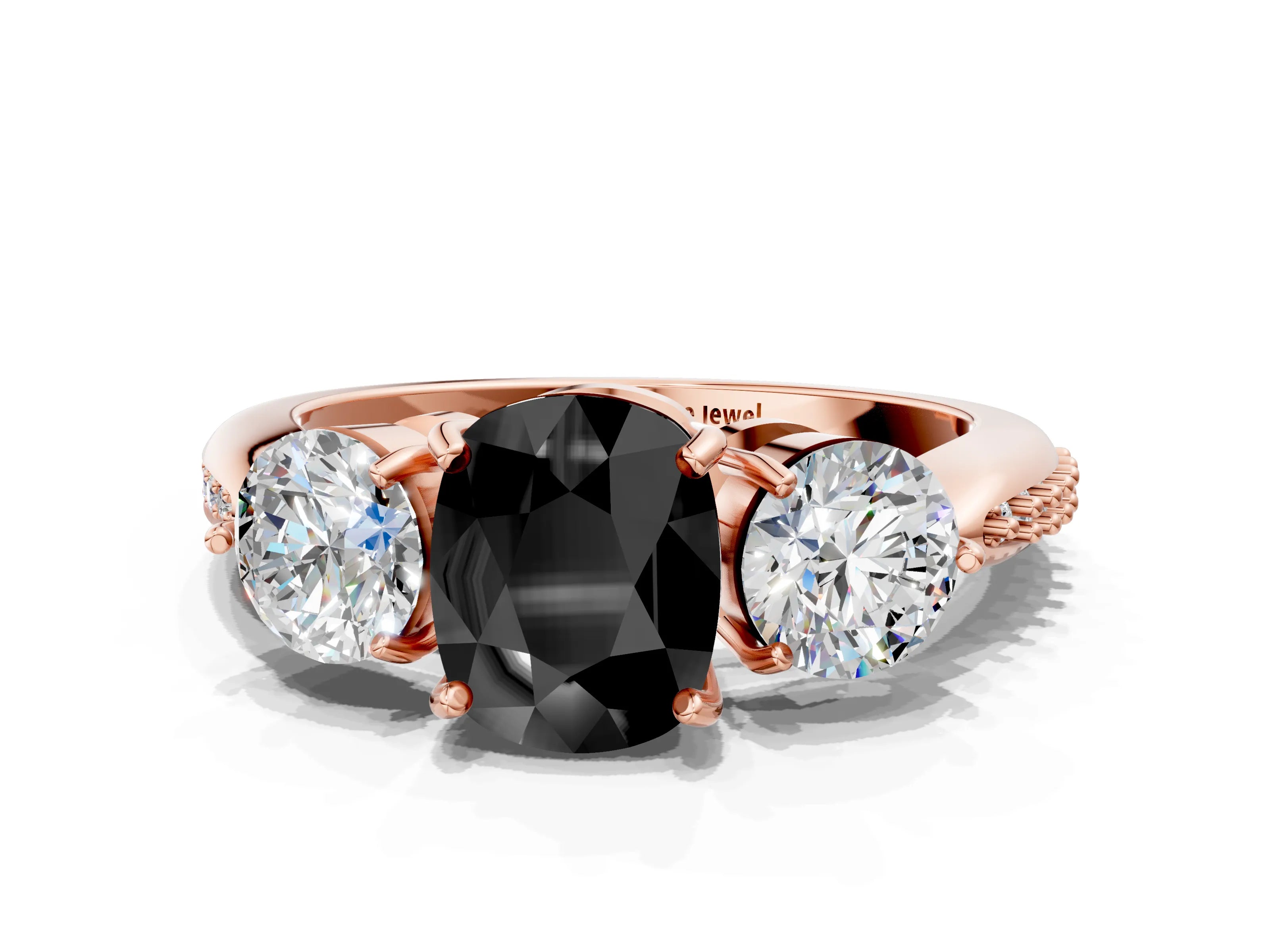 Rose gold Three-Stone Fancy Black Cushion Cut Diamond Channel Set Engagement Ring with Prong Setting