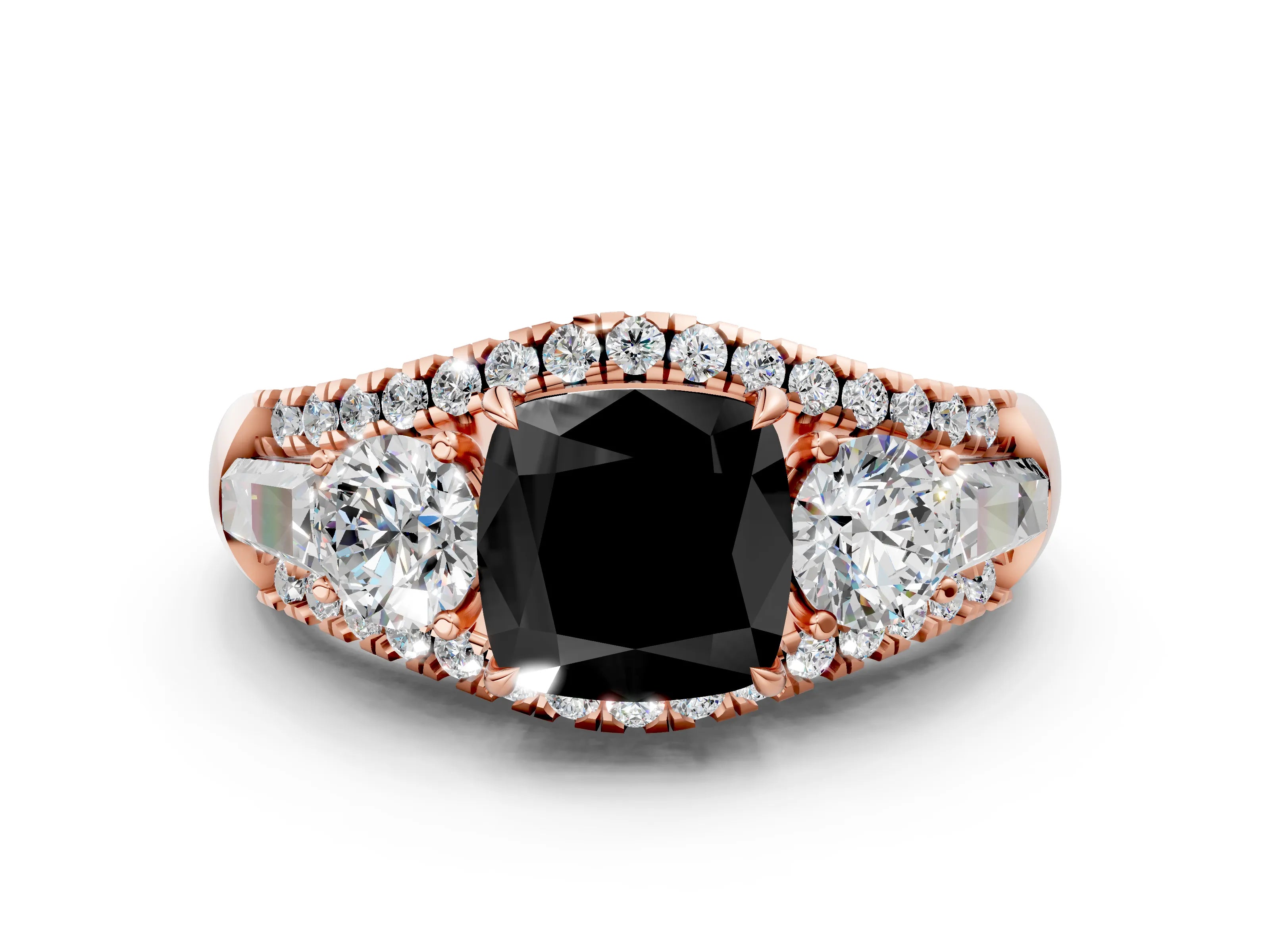 Rose gold Three-Stone Fancy Black Cushion Cut Diamond Engagement Ring with Pave Band and Prong Setting_12