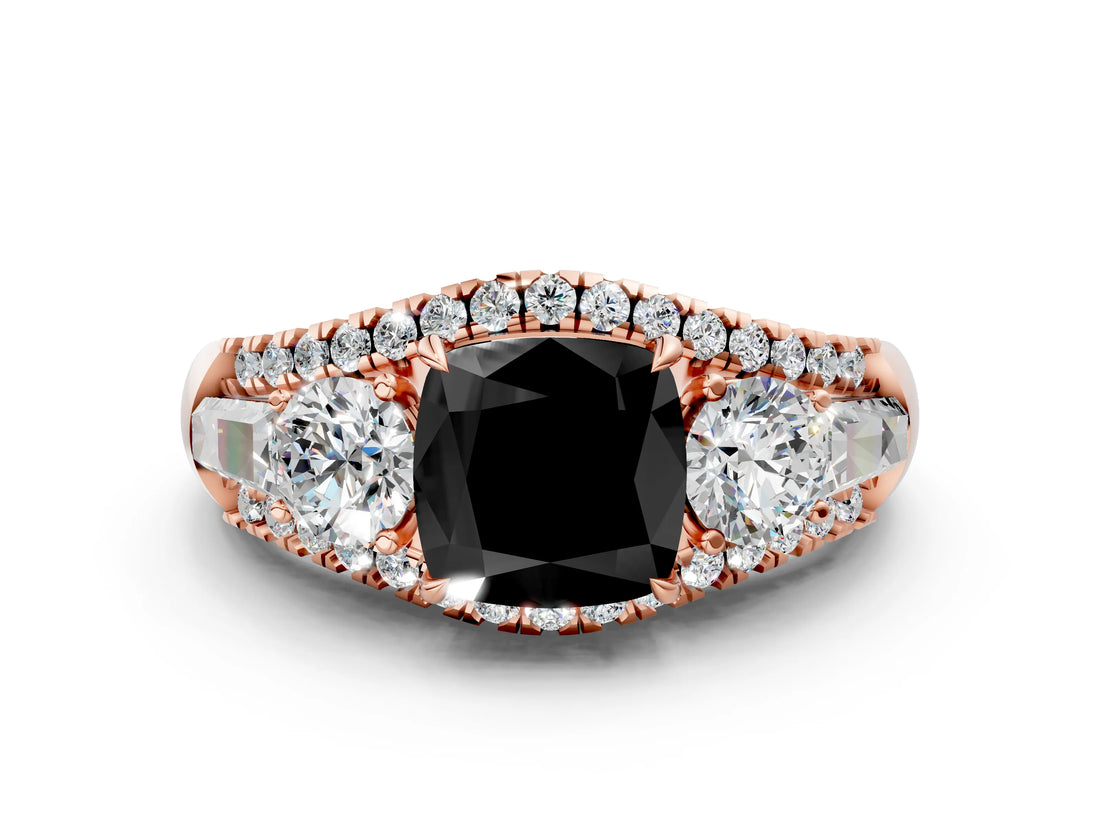 Rose gold Three-Stone Fancy Black Cushion Cut Diamond Engagement Ring with Pave Band and Prong Setting_12