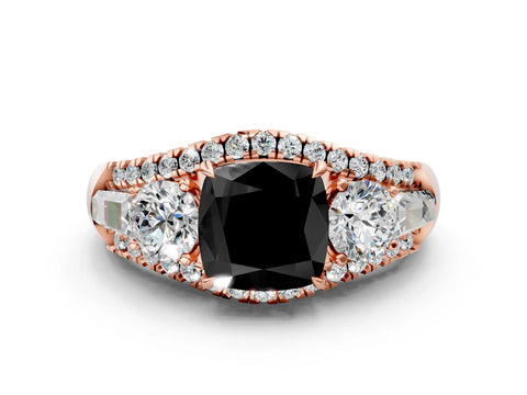 Rose gold Three-Stone Fancy Black Cushion Cut Diamond Engagement Ring with Pave Band and Prong Setting_12