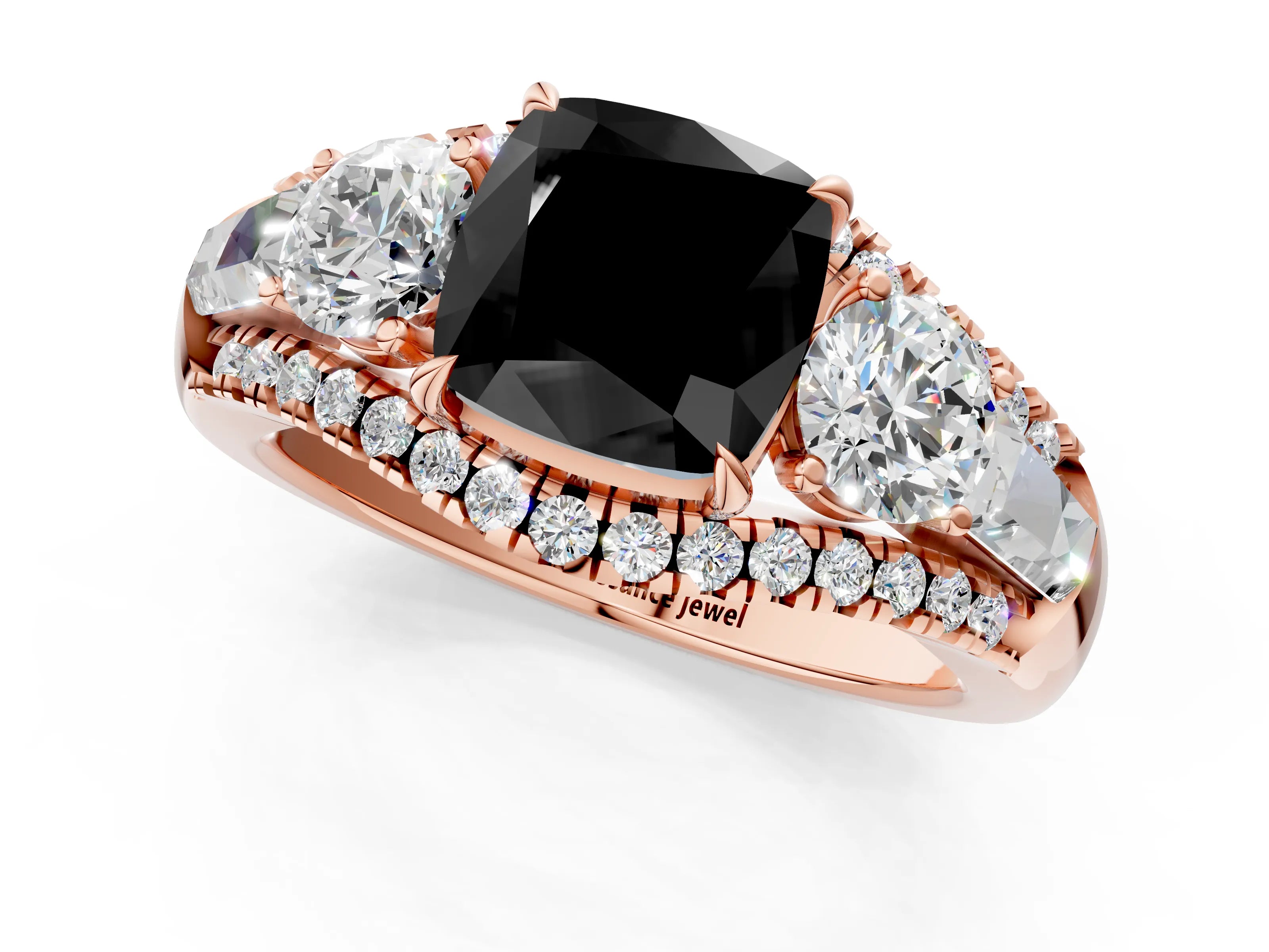 Rose gold Three-Stone Fancy Black Cushion Cut Diamond Engagement Ring with Pave Band and Prong Setting_13