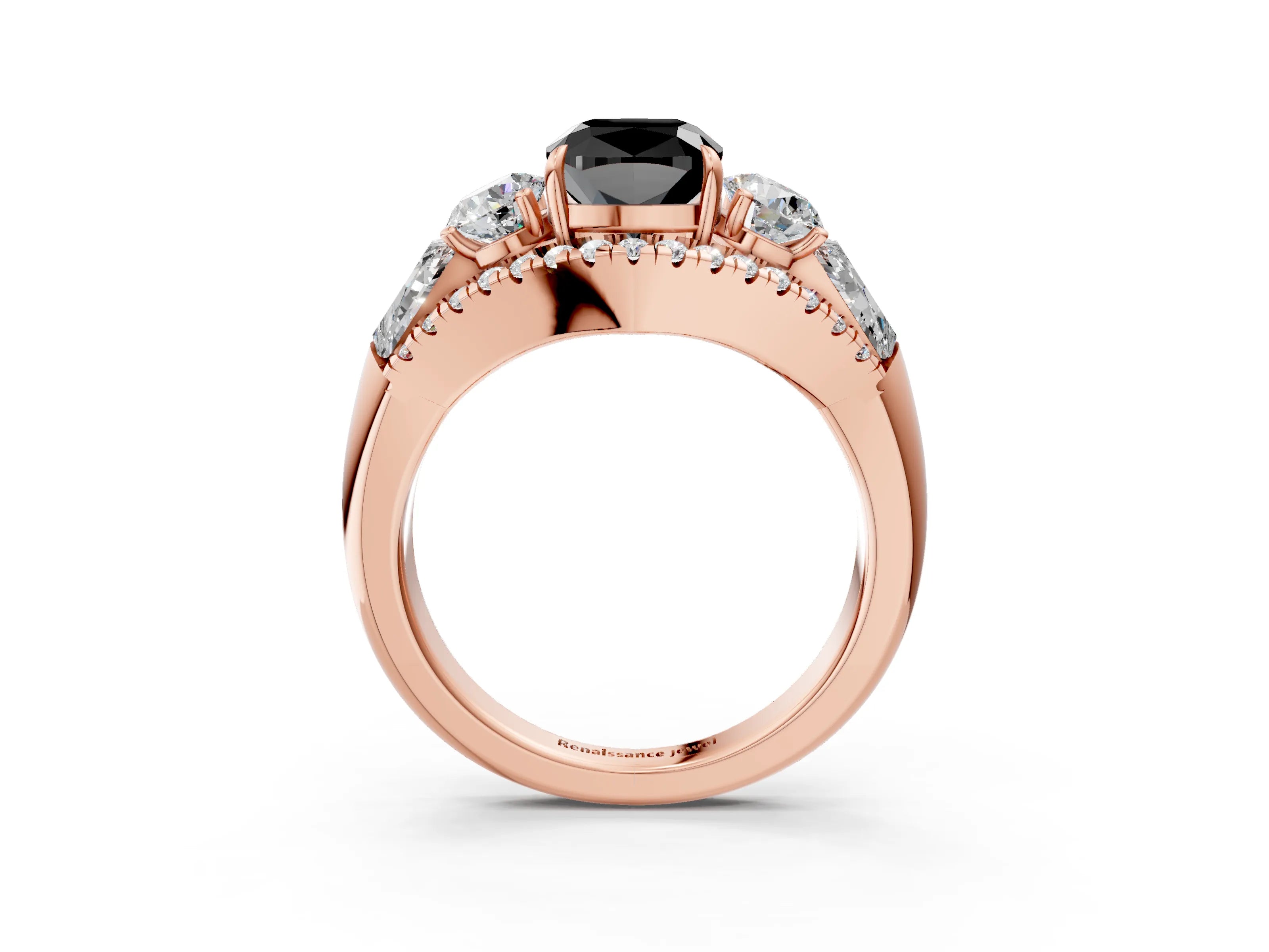 Rose gold Three-Stone Fancy Black Cushion Cut Diamond Engagement Ring with Pave Band and Prong Setting_15