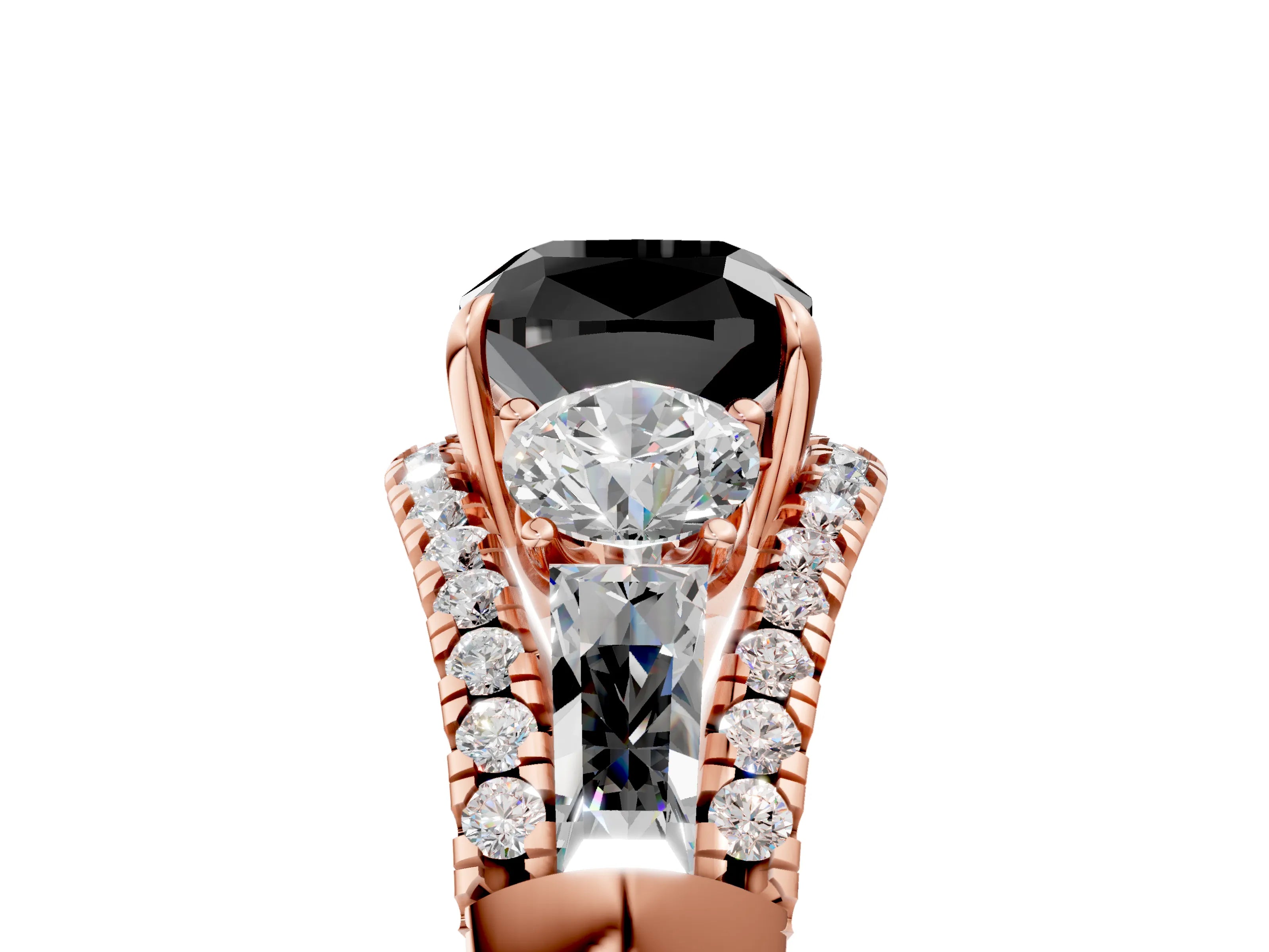 Rose gold Three-Stone Fancy Black Cushion Cut Diamond Engagement Ring with Pave Band and Prong Setting_17
