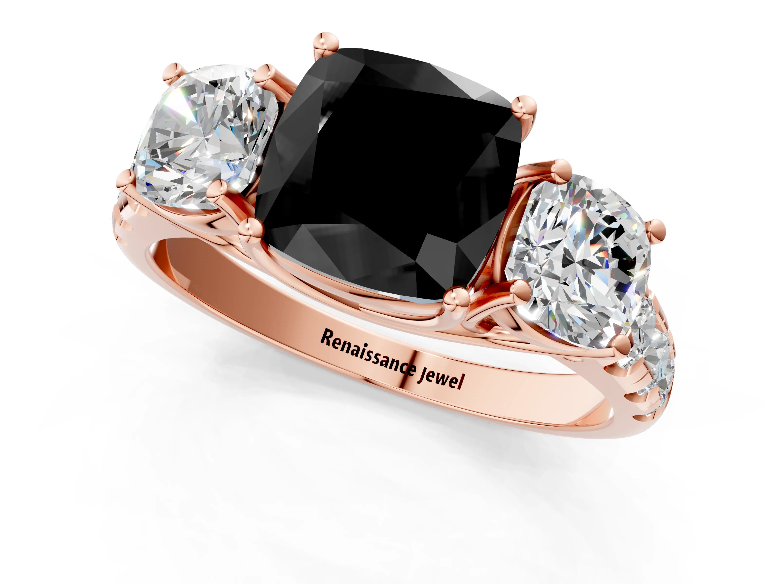 Rose gold Three-Stone Fancy Black Cushion Cut Diamond Pavé Band with Prong Setting_1