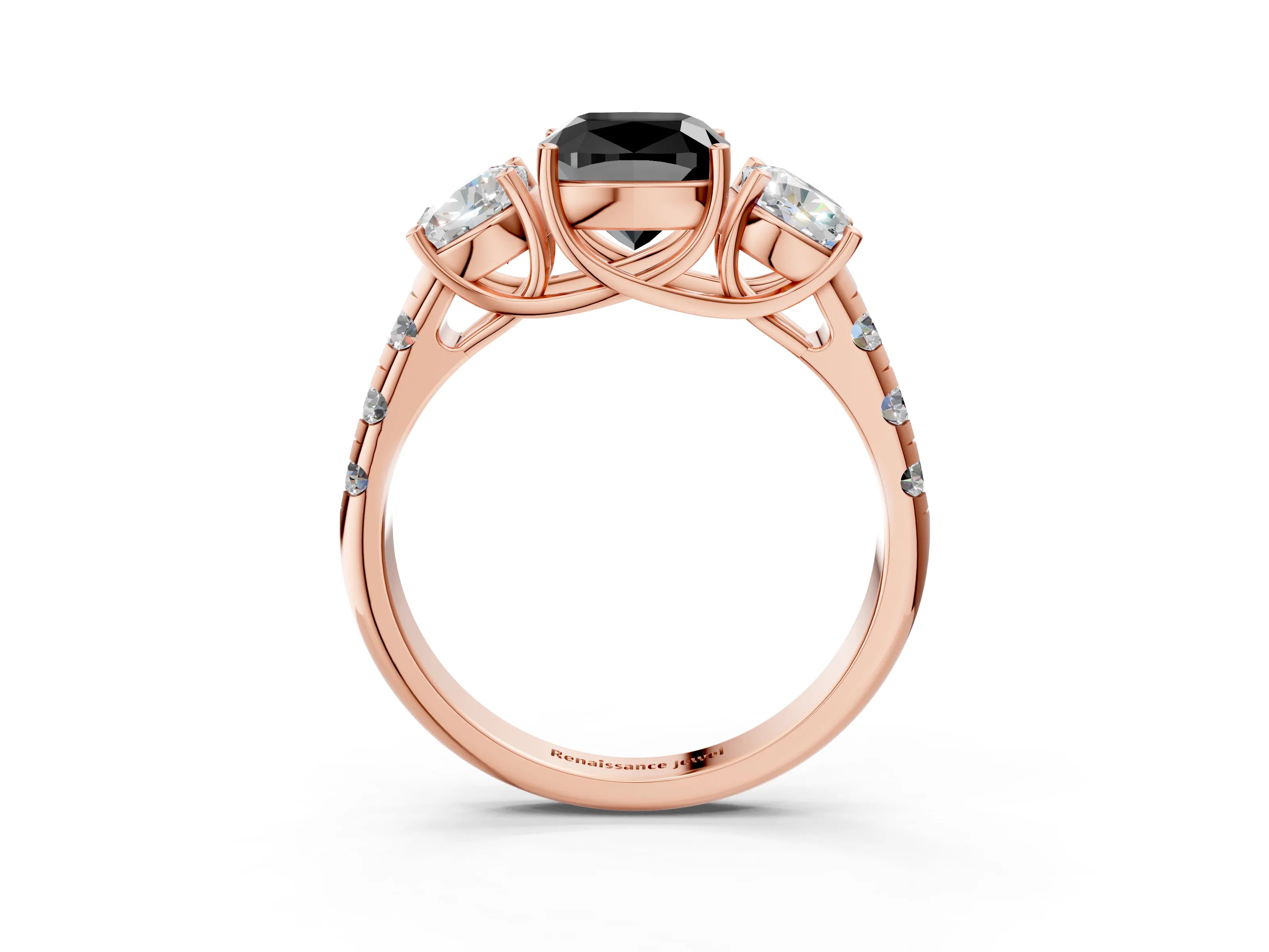 Rose gold Three-Stone Fancy Black Cushion Cut Diamond Pavé Band with Prong Setting_3