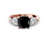 Rose gold Three-Stone Fancy Black Cushion Cut Diamond Ring with Pear Side Stones and Four-Prong Setting