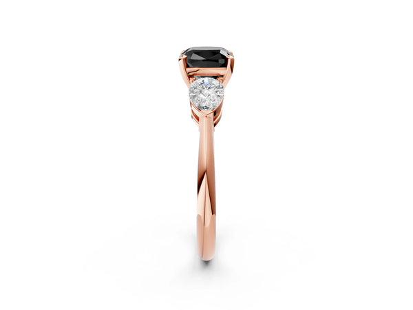 Rose Gold Cushion Cut Three Stone Engagement Ring Setting for Black Center with Pear Side Stones