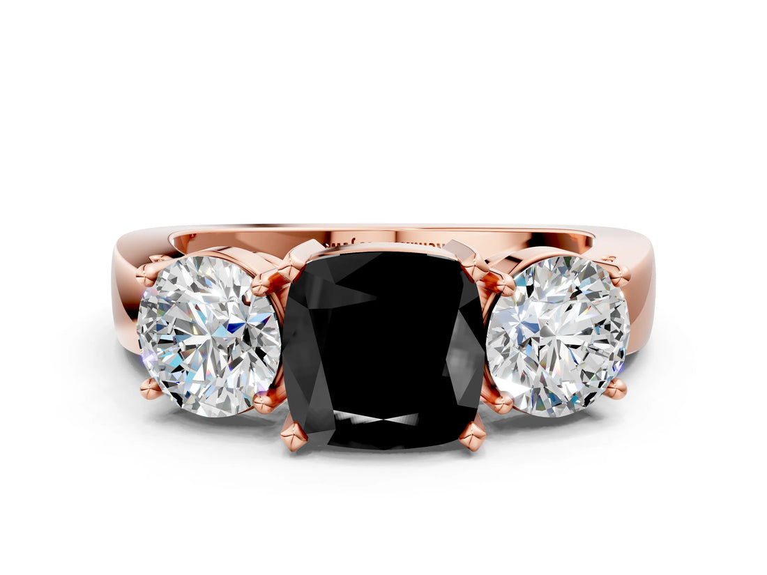 Rose gold Three-Stone Fancy Black Cushion Cut Diamond Ring with Round Side Stones, Classic Band, and Four-Prong Setting