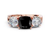 Rose gold Three-Stone Fancy Black Cushion Cut Diamond Ring with Round Side Stones, Classic Band, and Four-Prong Setting