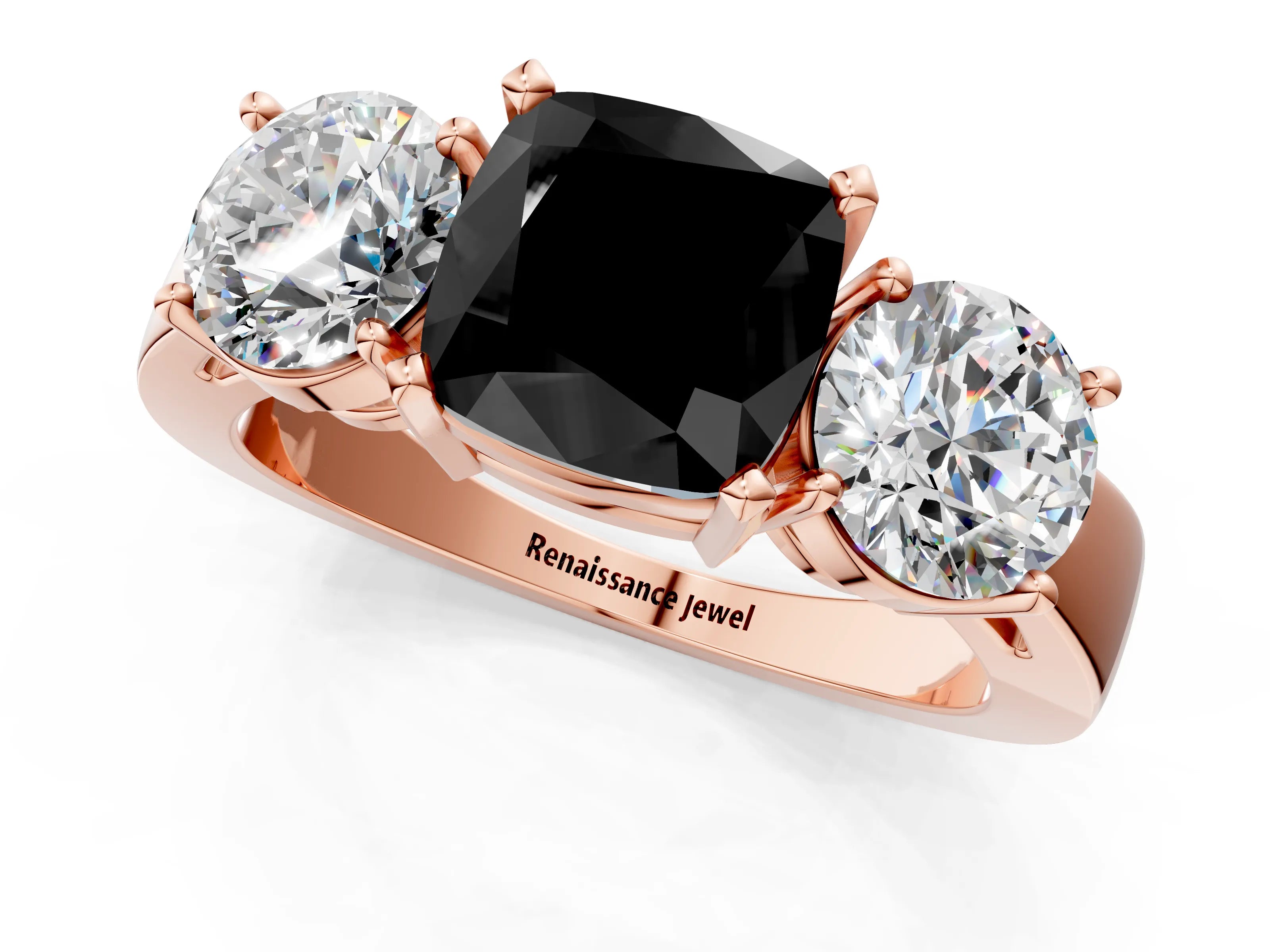 Rose gold Three-Stone Fancy Black Cushion Cut Diamond Ring with Round Side Stones, Classic Band, and Four-Prong Setting_1