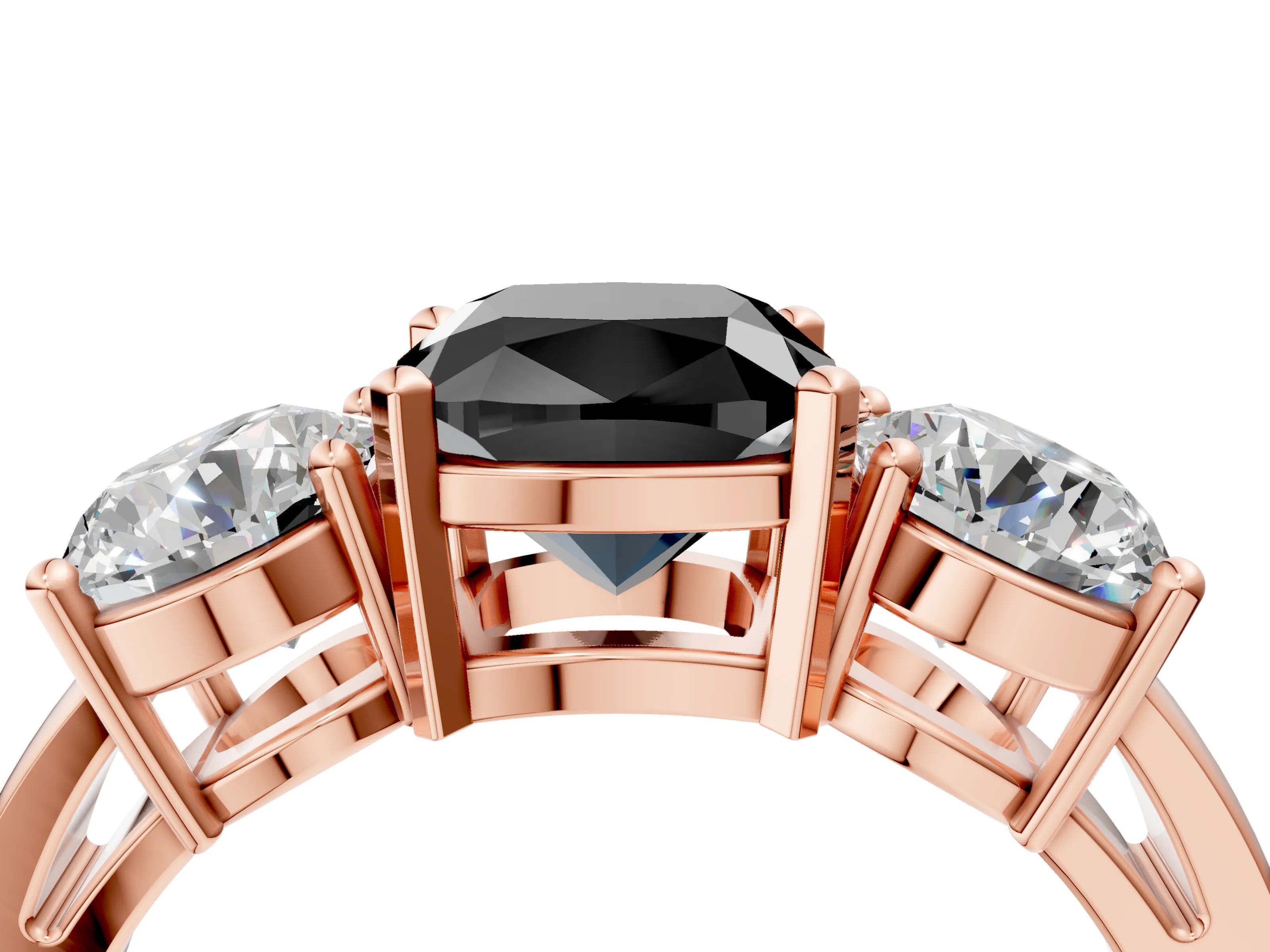 Rose gold Three-Stone Fancy Black Cushion Cut Diamond Ring with Round Side Stones, Classic Band, and Four-Prong Setting_4
