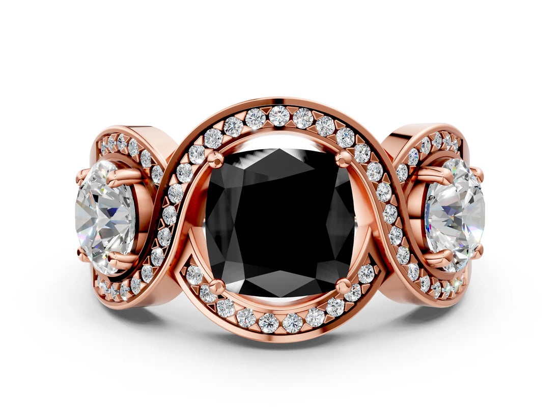Rose gold Three-Stone Fancy Black Cushion Cut Diamond Wave Pave Band with Prong Setting