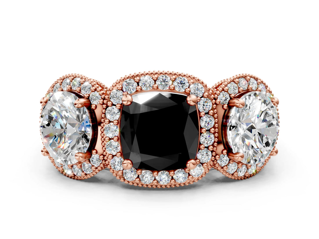Rose gold Three-Stone Fancy Black Cushion Cut Halo Diamond Milgrain Band with Four-Prong Setting