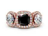 Rose gold Three-Stone Fancy Black Cushion Cut Halo Diamond Milgrain Band with Four-Prong Setting